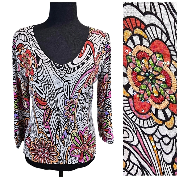 Alberto Makali Y2K Beaded Sequin Floral Psychedelic Jersey Top Large Glam Rocker - Picture 1 of 13